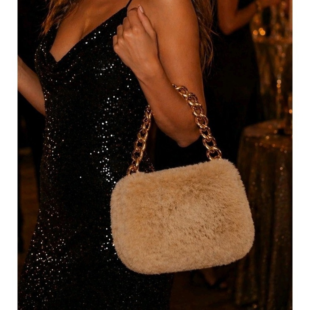 Faux Fur Gold Chain Strap Beige Plush Glam Y2K Shoulder/Handbag Bag Quiet Luxury